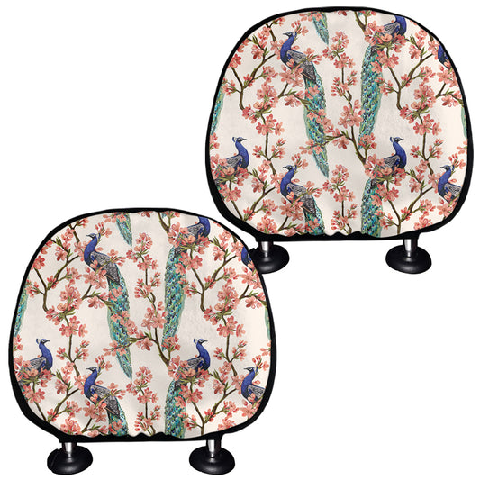 Cherry Blossom Peacock Print Car Headrest Covers