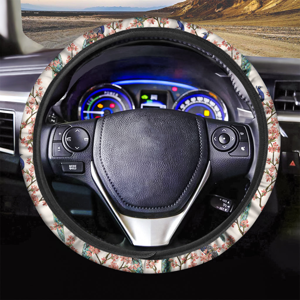 Cherry Blossom Peacock Print Car Steering Wheel Cover