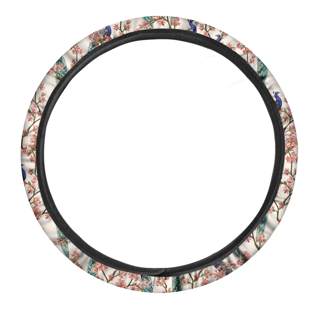 Cherry Blossom Peacock Print Car Steering Wheel Cover