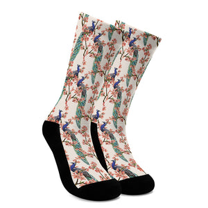 Cherry Blossom Peacock Print Crew Socks