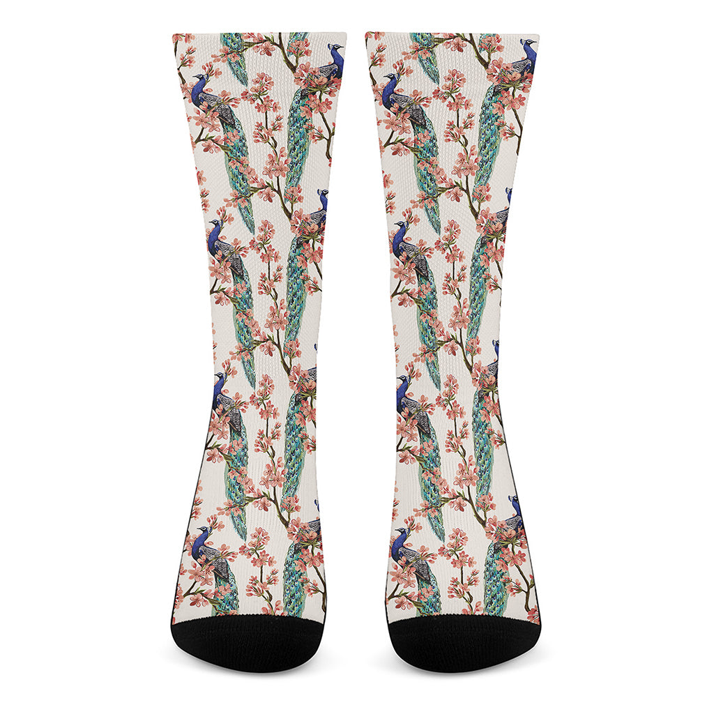 Cherry Blossom Peacock Print Crew Socks