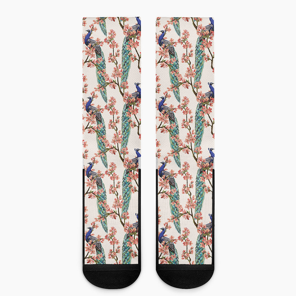 Cherry Blossom Peacock Print Crew Socks