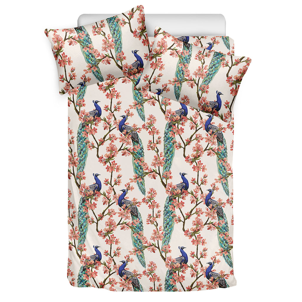 Cherry Blossom Peacock Print Duvet Cover Bedding Set