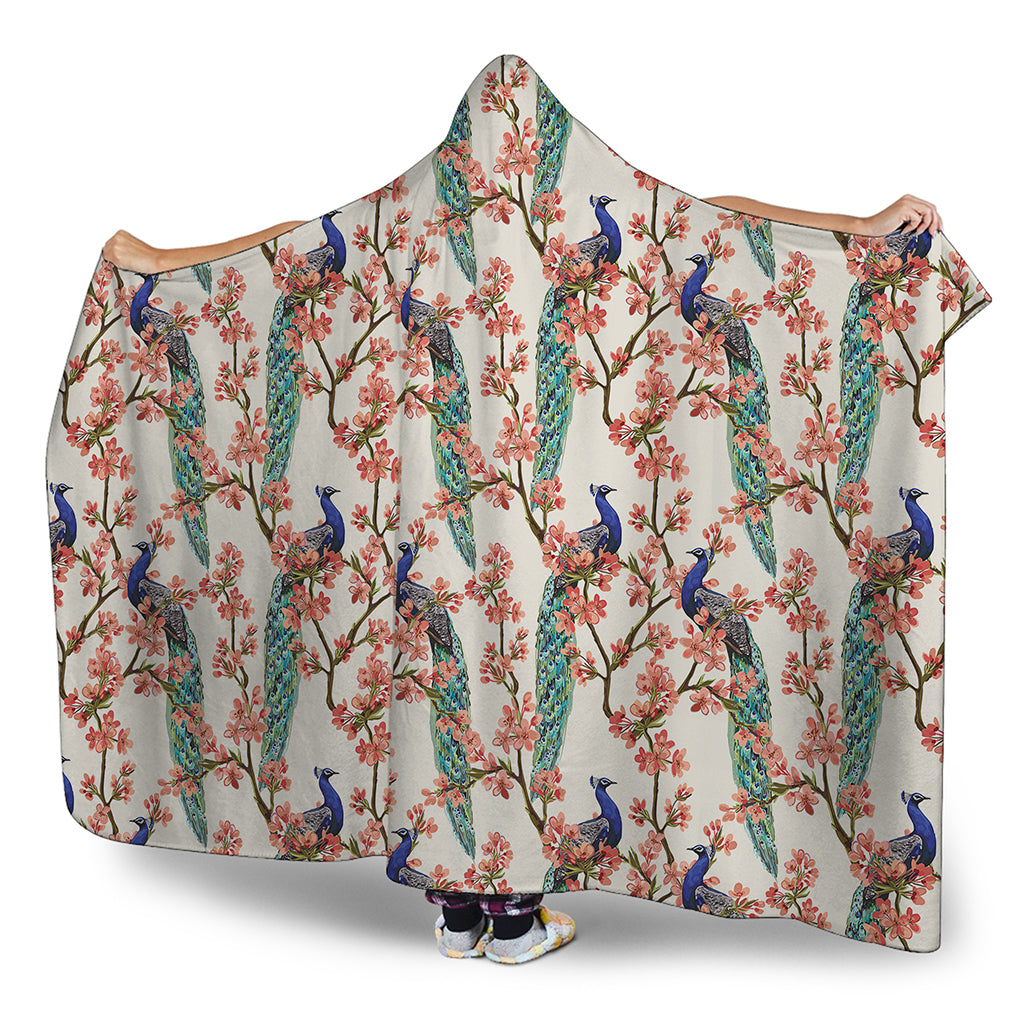 Cherry Blossom Peacock Print Hooded Blanket