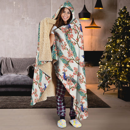 Cherry Blossom Peacock Print Hooded Blanket