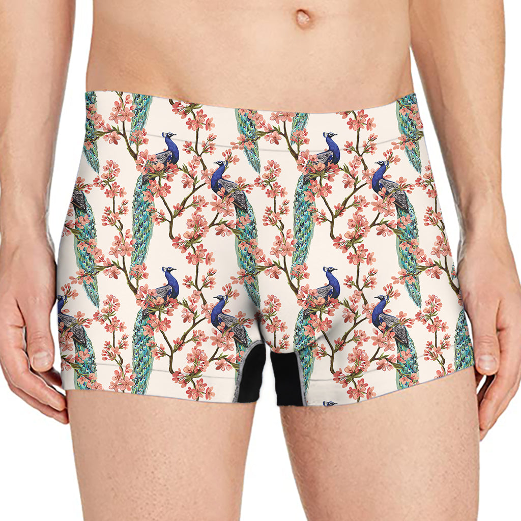 Cherry Blossom Peacock Print Men's Boxer Briefs