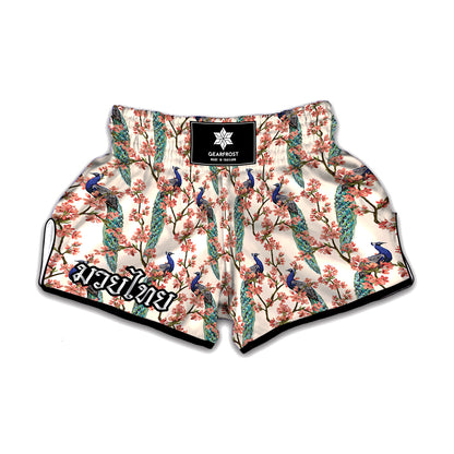 Cherry Blossom Peacock Print Muay Thai Boxing Shorts