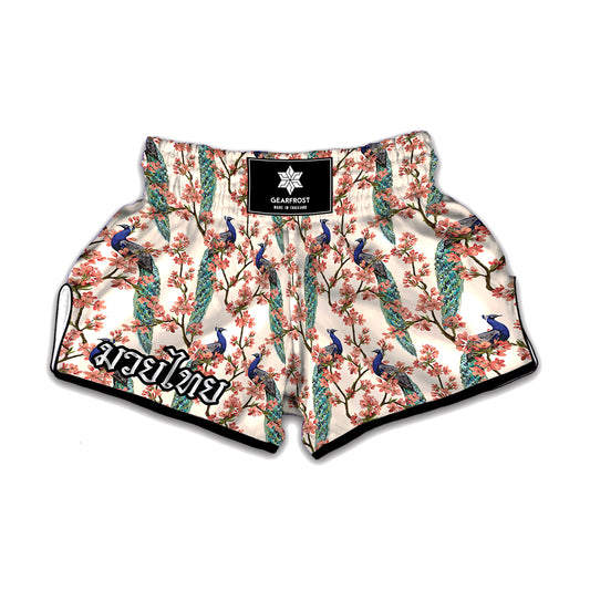 Cherry Blossom Peacock Print Muay Thai Boxing Shorts