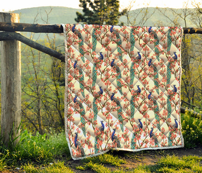 Cherry Blossom Peacock Print Quilt