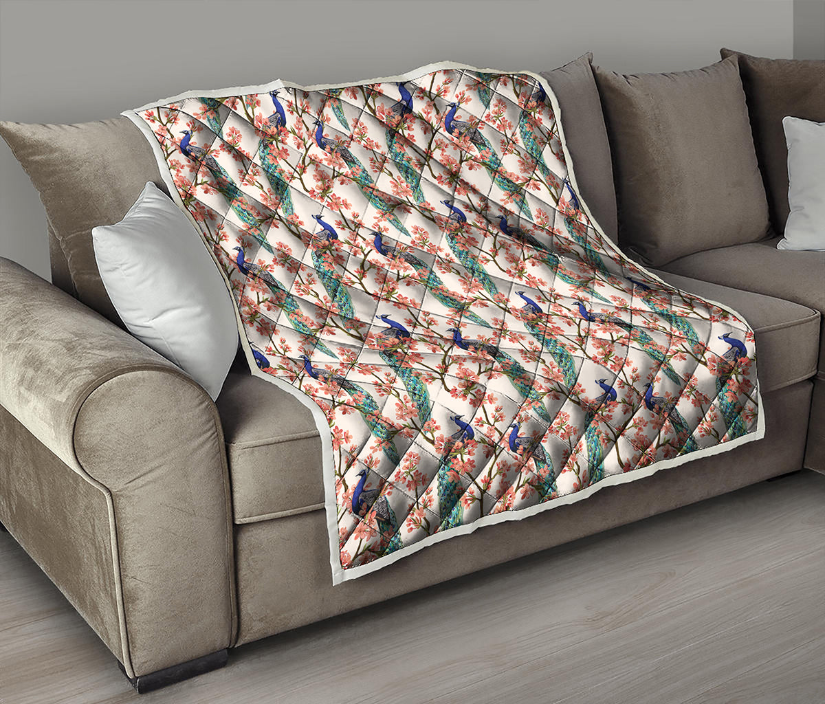 Cherry Blossom Peacock Print Quilt