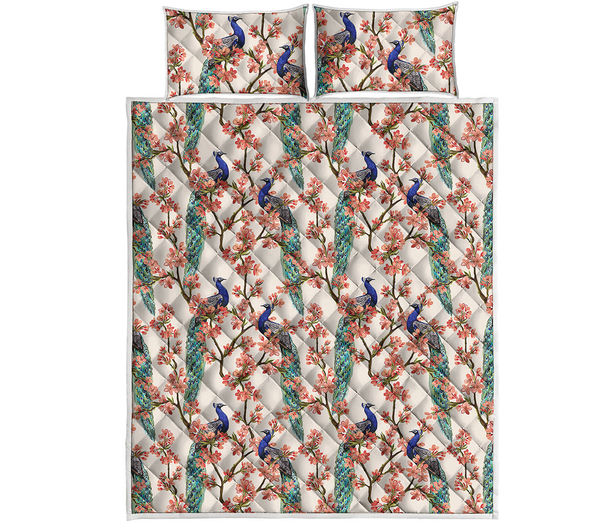 Cherry Blossom Peacock Print Quilt Bed Set