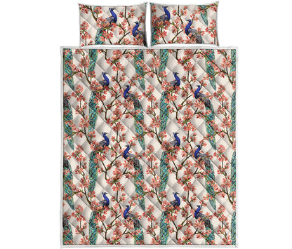 Cherry Blossom Peacock Print Quilt Bed Set