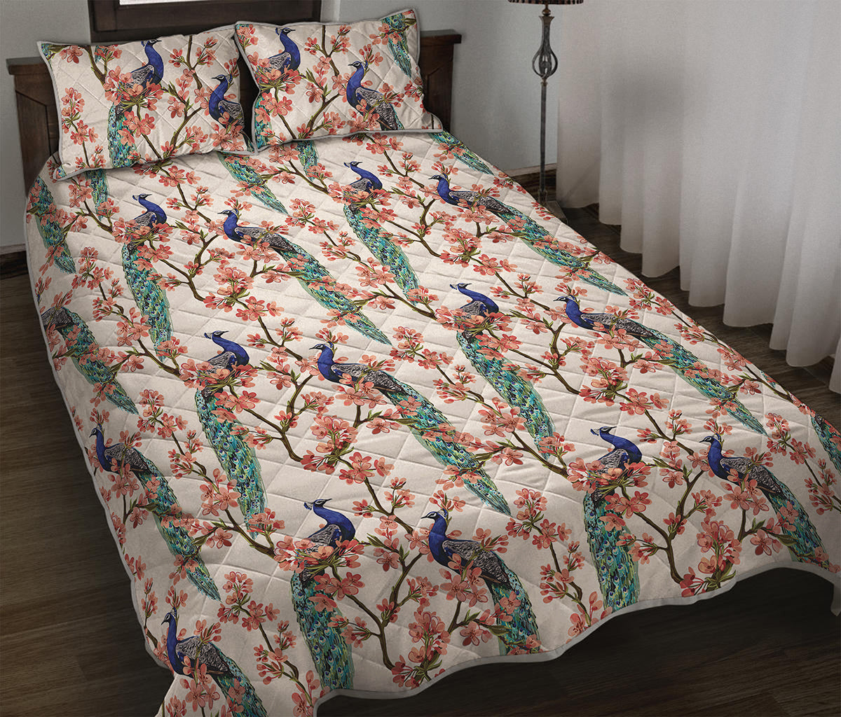 Cherry Blossom Peacock Print Quilt Bed Set
