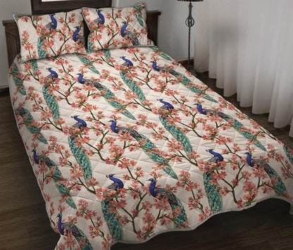 Cherry Blossom Peacock Print Quilt Bed Set