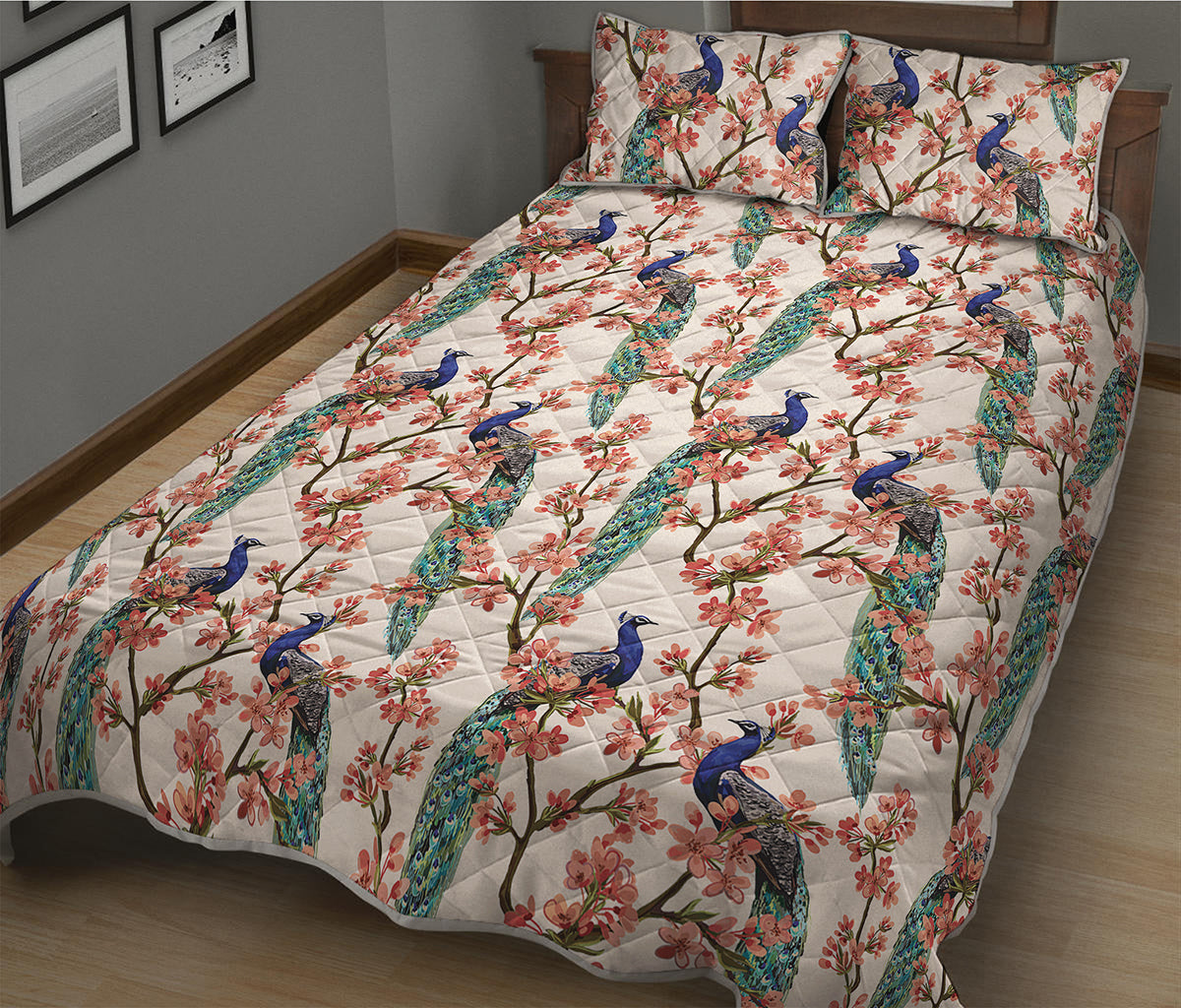 Cherry Blossom Peacock Print Quilt Bed Set