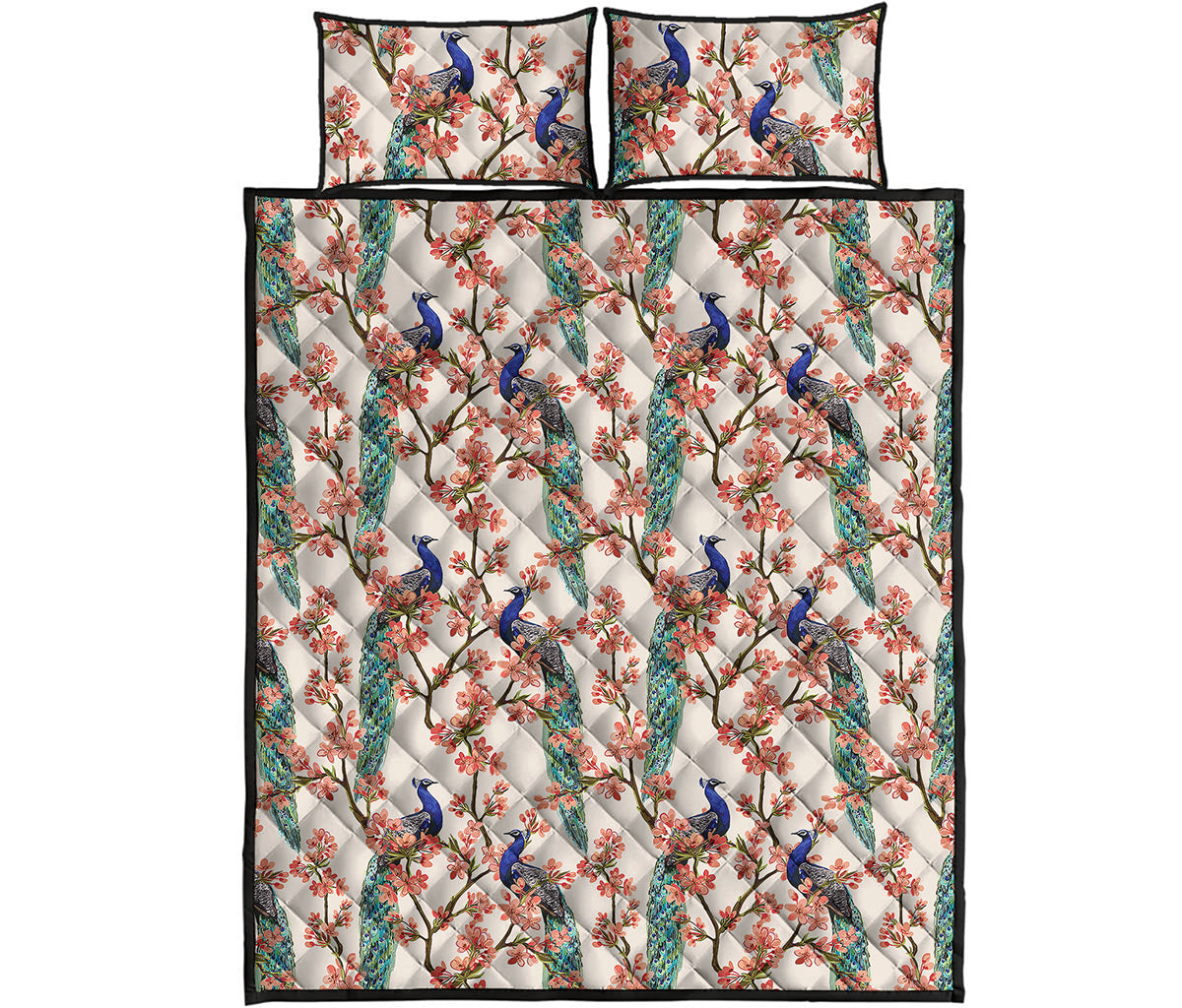 Cherry Blossom Peacock Print Quilt Bed Set