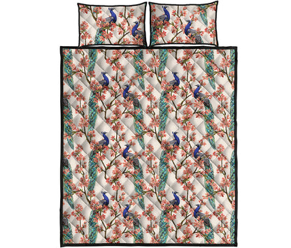 Cherry Blossom Peacock Print Quilt Bed Set