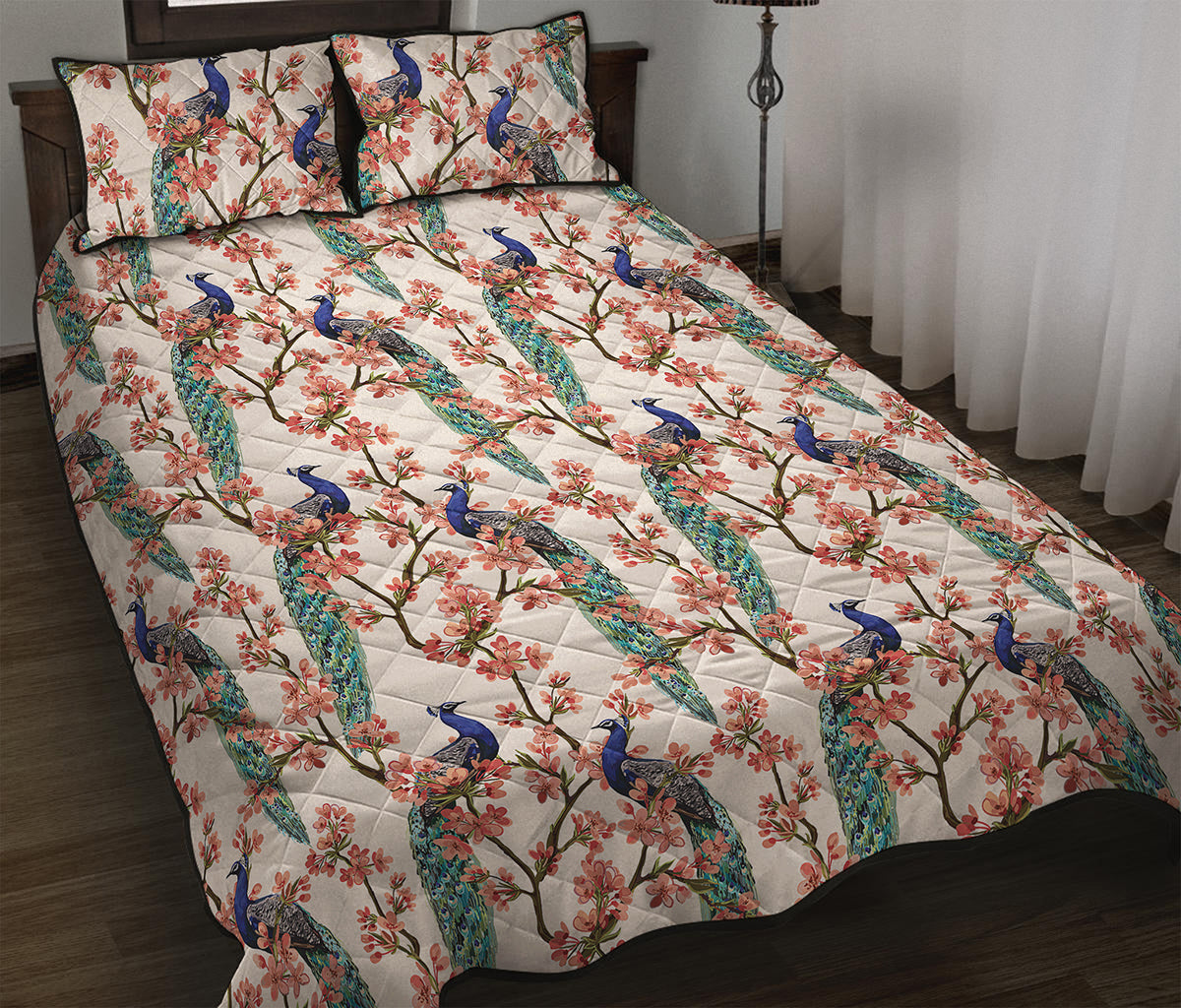 Cherry Blossom Peacock Print Quilt Bed Set