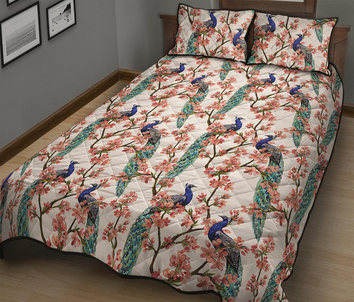 Cherry Blossom Peacock Print Quilt Bed Set