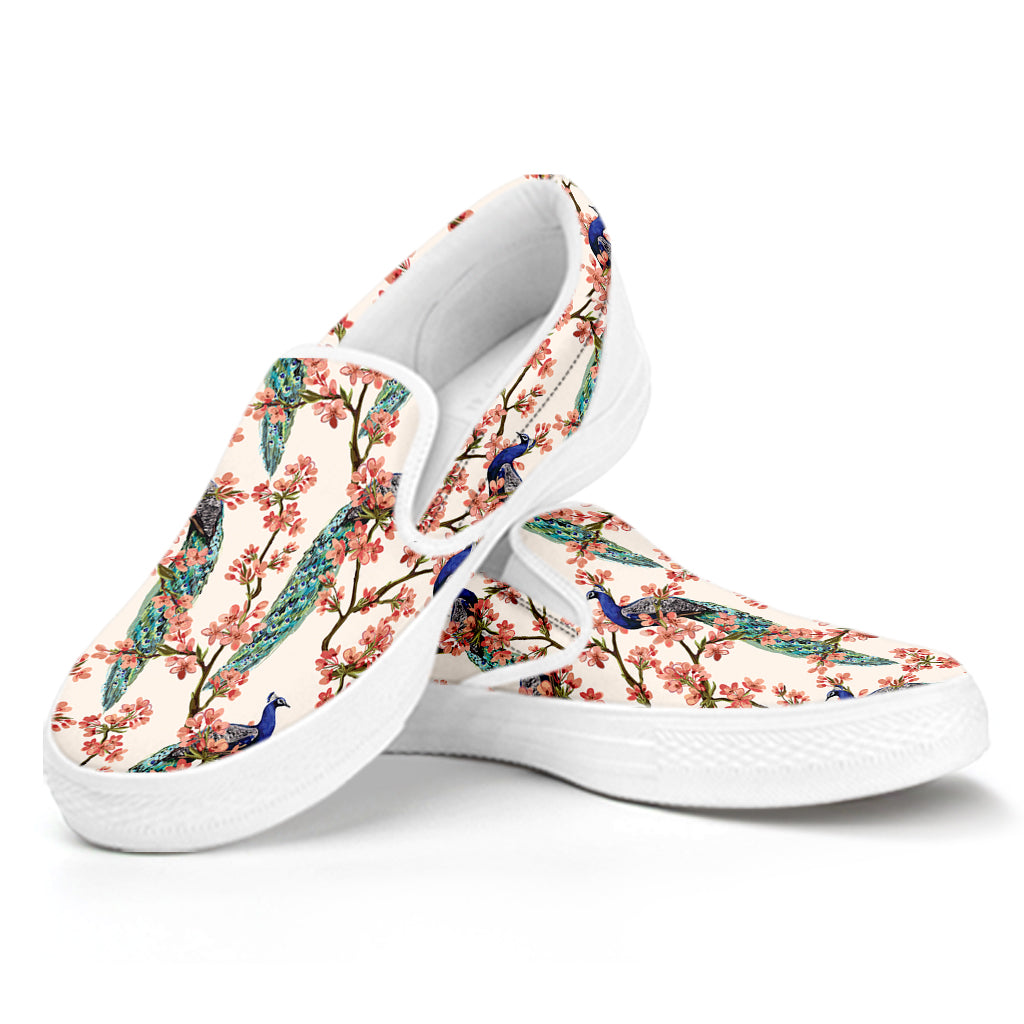 Cherry Blossom Peacock Print White Slip On Shoes