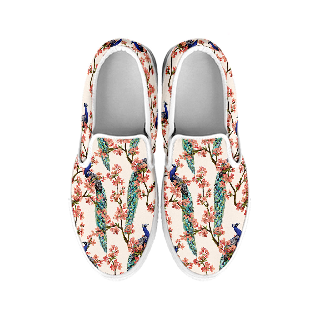 Cherry Blossom Peacock Print White Slip On Shoes