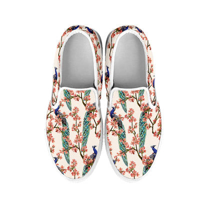 Cherry Blossom Peacock Print White Slip On Shoes