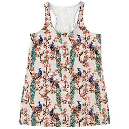 Cherry Blossom Peacock Print Women's Racerback Tank Top