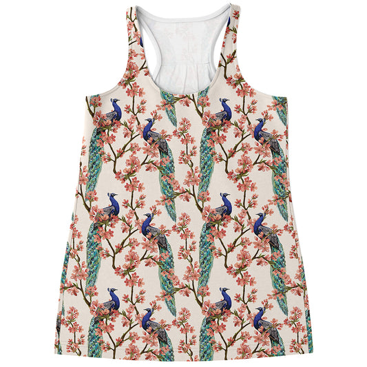 Cherry Blossom Peacock Print Women's Racerback Tank Top