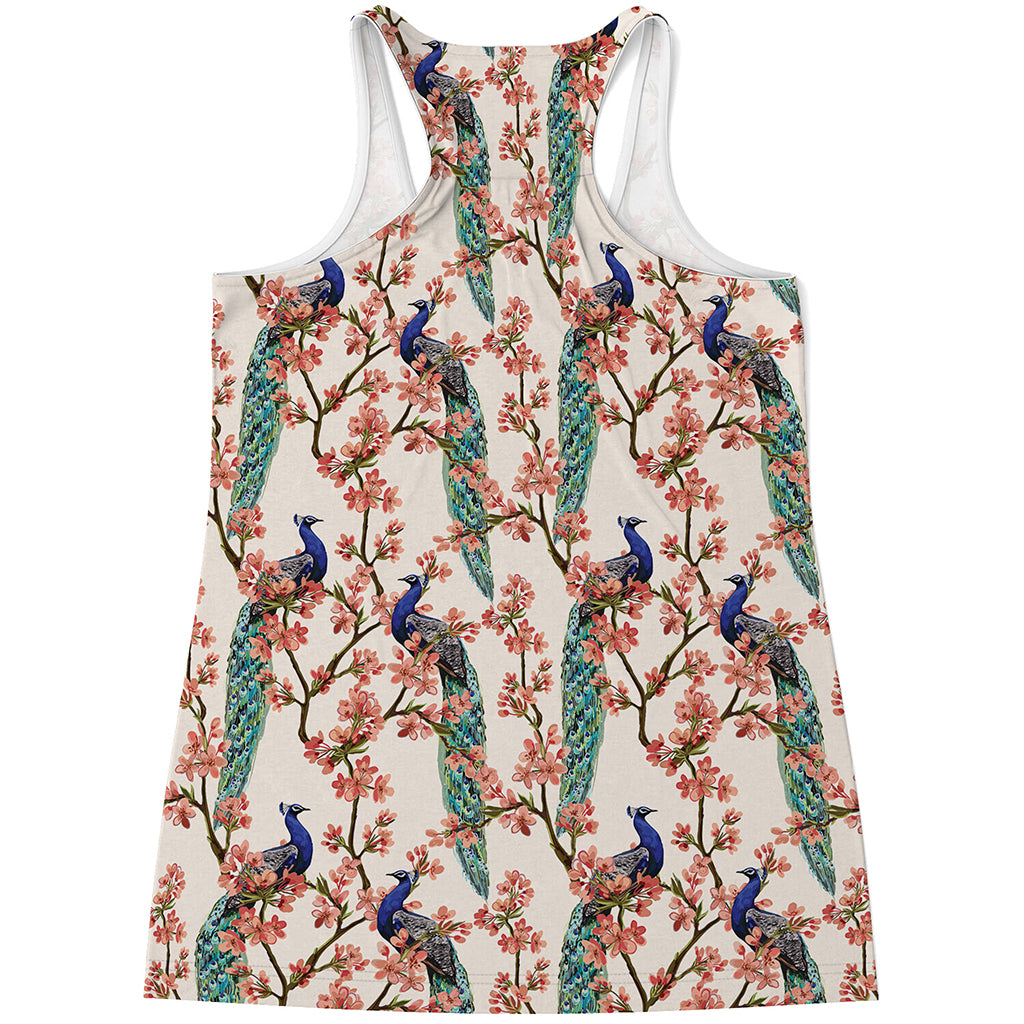 Cherry Blossom Peacock Print Women's Racerback Tank Top