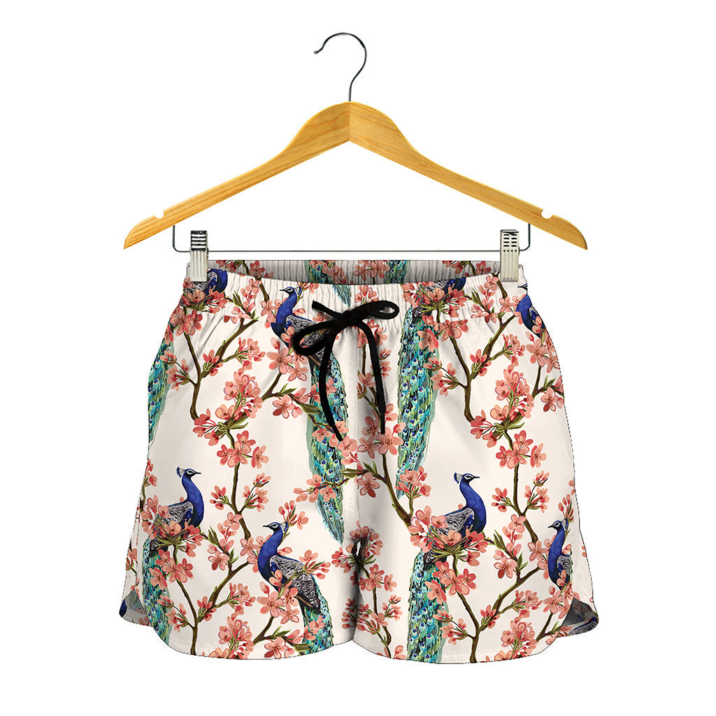 Cherry Blossom Peacock Print Women's Shorts