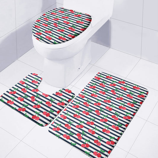 Cherry Striped Pattern Print 3 Piece Bath Mat Set