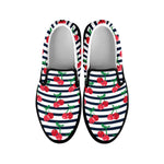 Cherry Striped Pattern Print Black Slip On Shoes