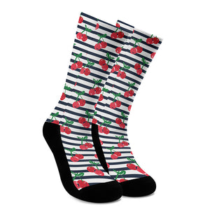 Cherry Striped Pattern Print Crew Socks