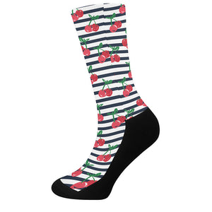 Cherry Striped Pattern Print Crew Socks