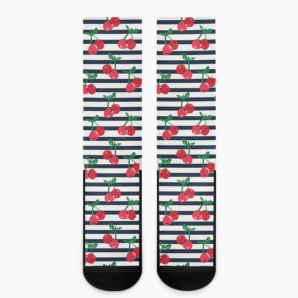 Cherry Striped Pattern Print Crew Socks