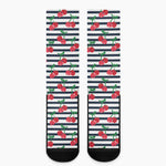 Cherry Striped Pattern Print Crew Socks