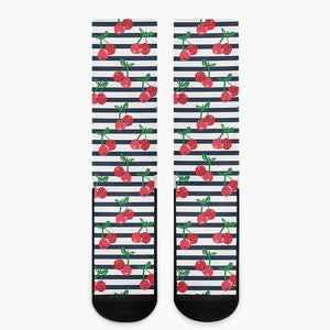 Cherry Striped Pattern Print Crew Socks