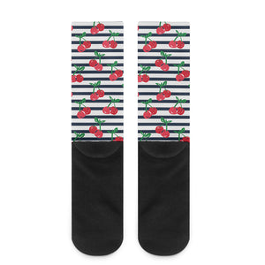 Cherry Striped Pattern Print Crew Socks