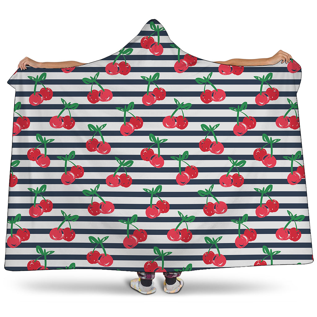 Cherry Striped Pattern Print Hooded Blanket