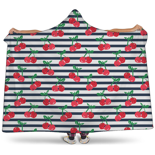 Cherry Striped Pattern Print Hooded Blanket