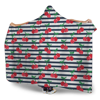 Cherry Striped Pattern Print Hooded Blanket