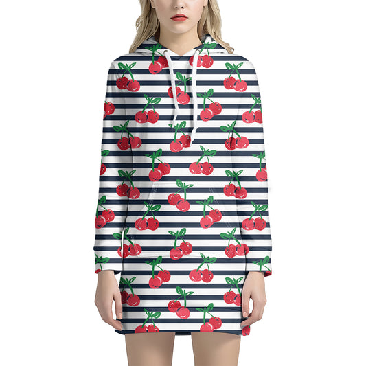 Cherry Striped Pattern Print Hoodie Dress