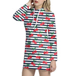 Cherry Striped Pattern Print Hoodie Dress