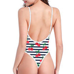 Cherry Striped Pattern Print One Piece High Cut Swimsuit