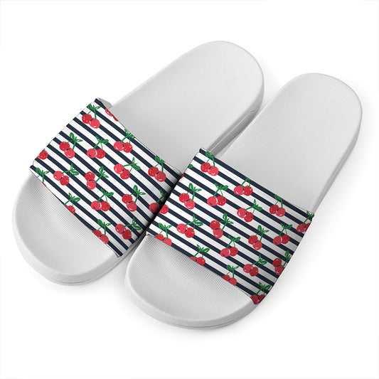 Cherry Striped Pattern Print White Slide Sandals
