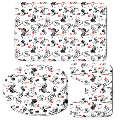Chicken Ink Painting Pattern Print 3 Piece Bath Mat Set