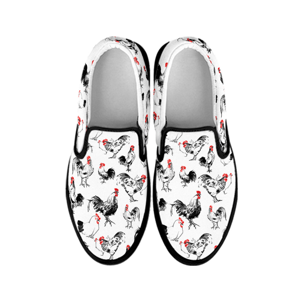 Chicken Ink Painting Pattern Print Black Slip On Shoes
