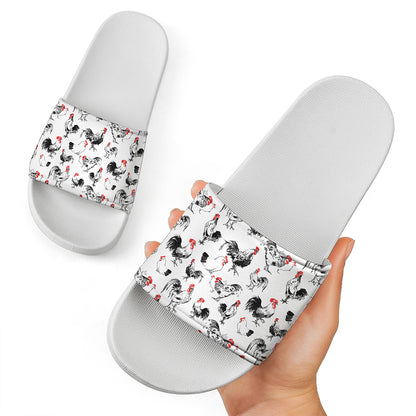 Chicken Ink Painting Pattern Print White Slide Sandals
