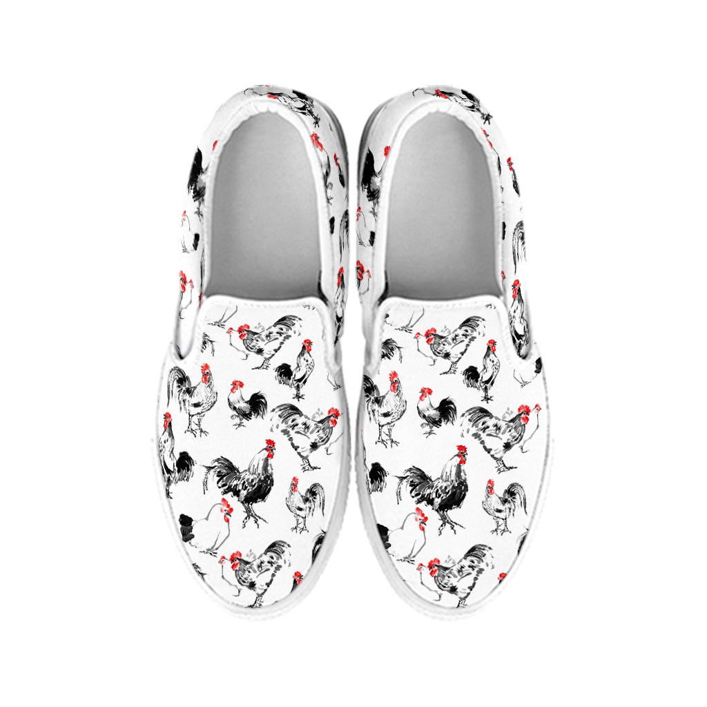 Chicken Ink Painting Pattern Print White Slip On Shoes