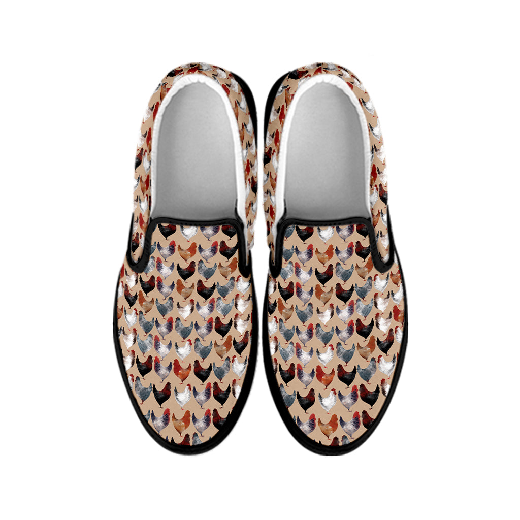 Chicken Painting Pattern Print Black Slip On Shoes